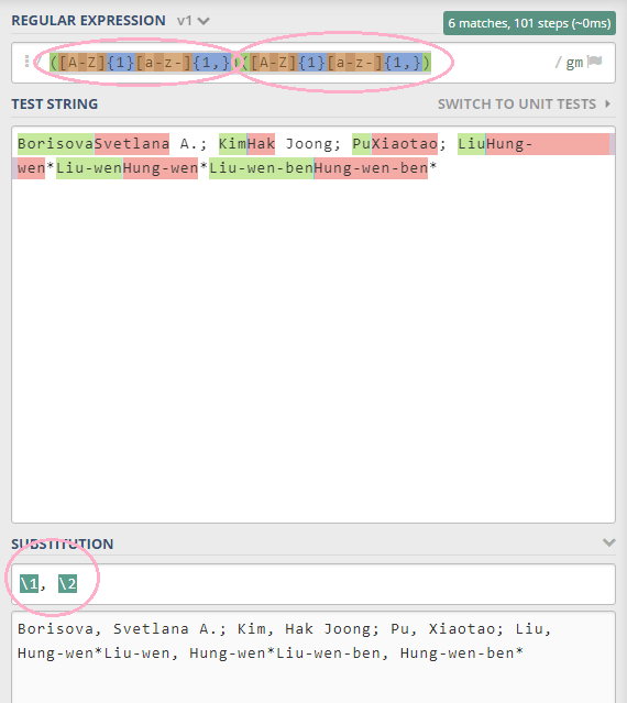 string RegEx for adding a comma and space in between first/last names
