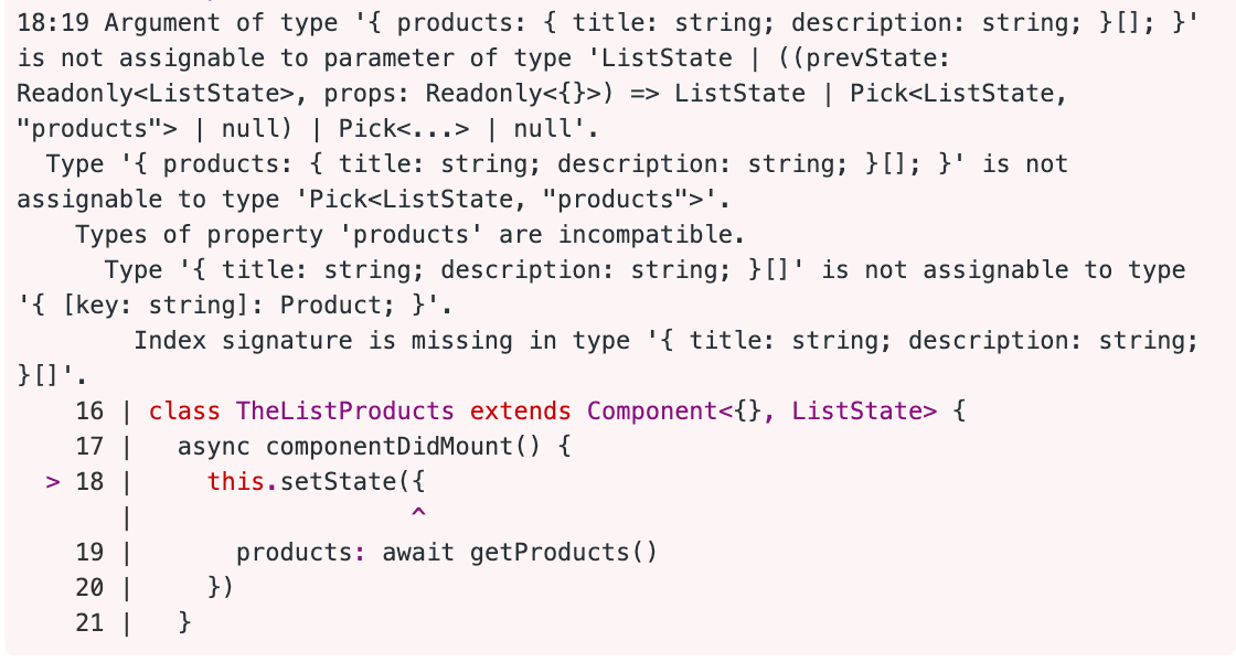 javascript Property 'products' does not exist on type 'Readonly