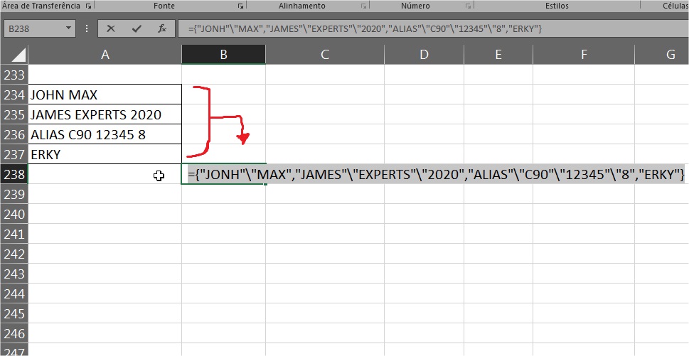 microsoft excel Transform a string that is in a cell, into an array