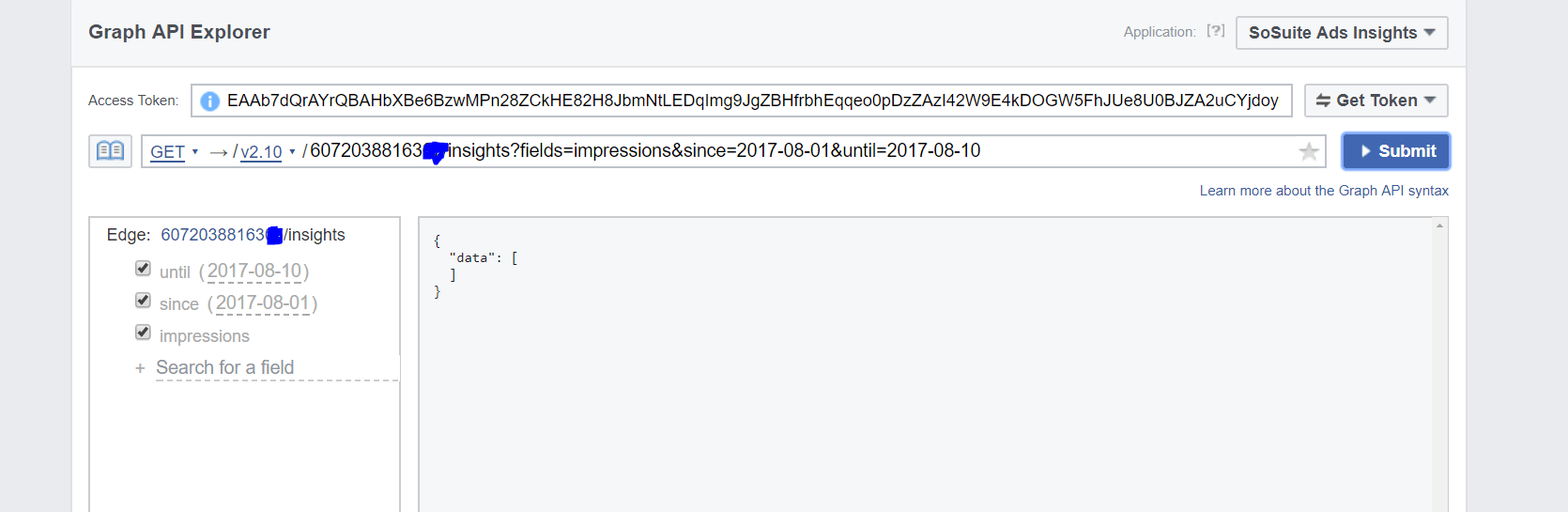 facebook No insights data returning from Ads Insights API (/insights