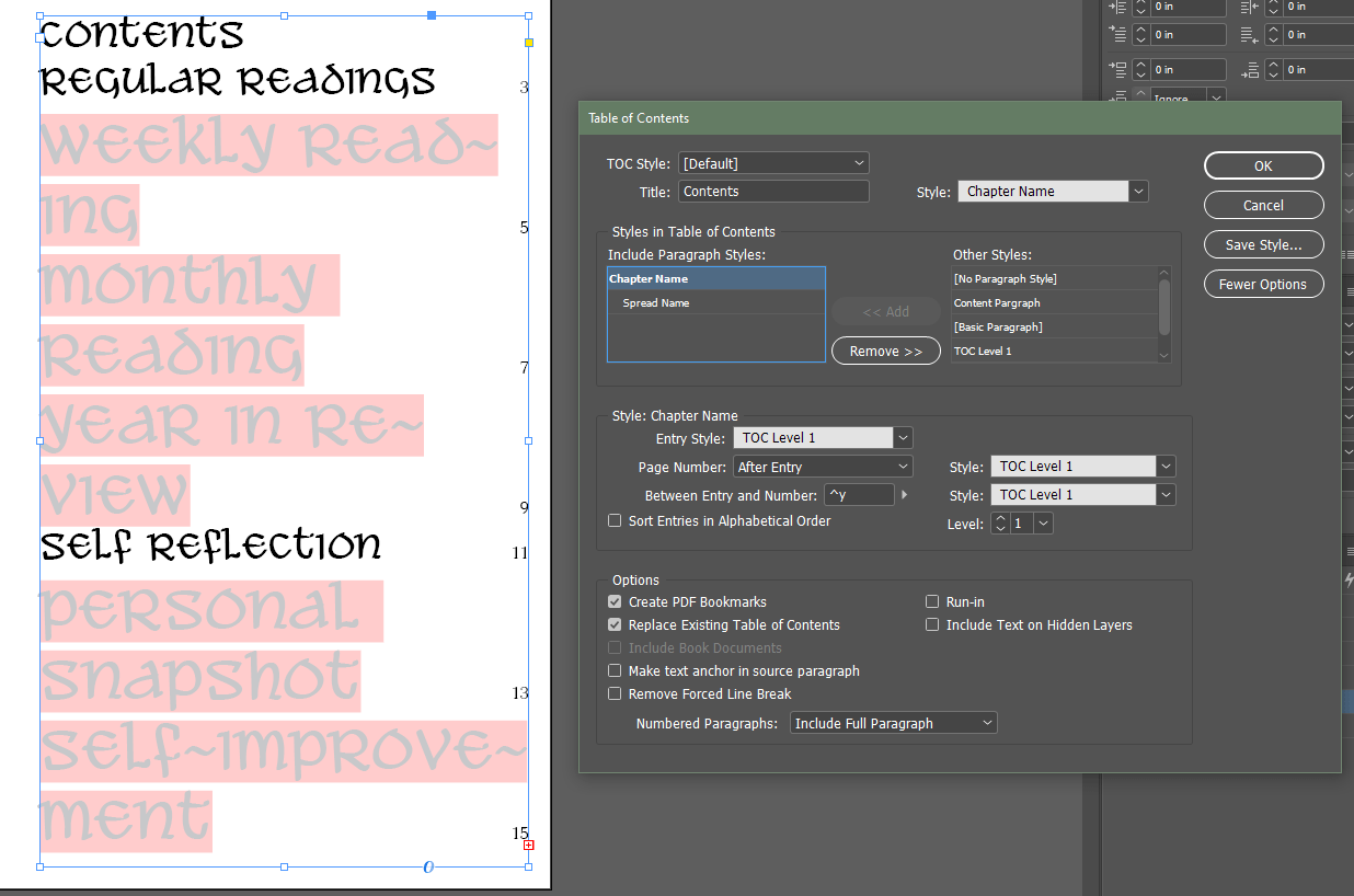 InDesign create a table of contents using a different character style