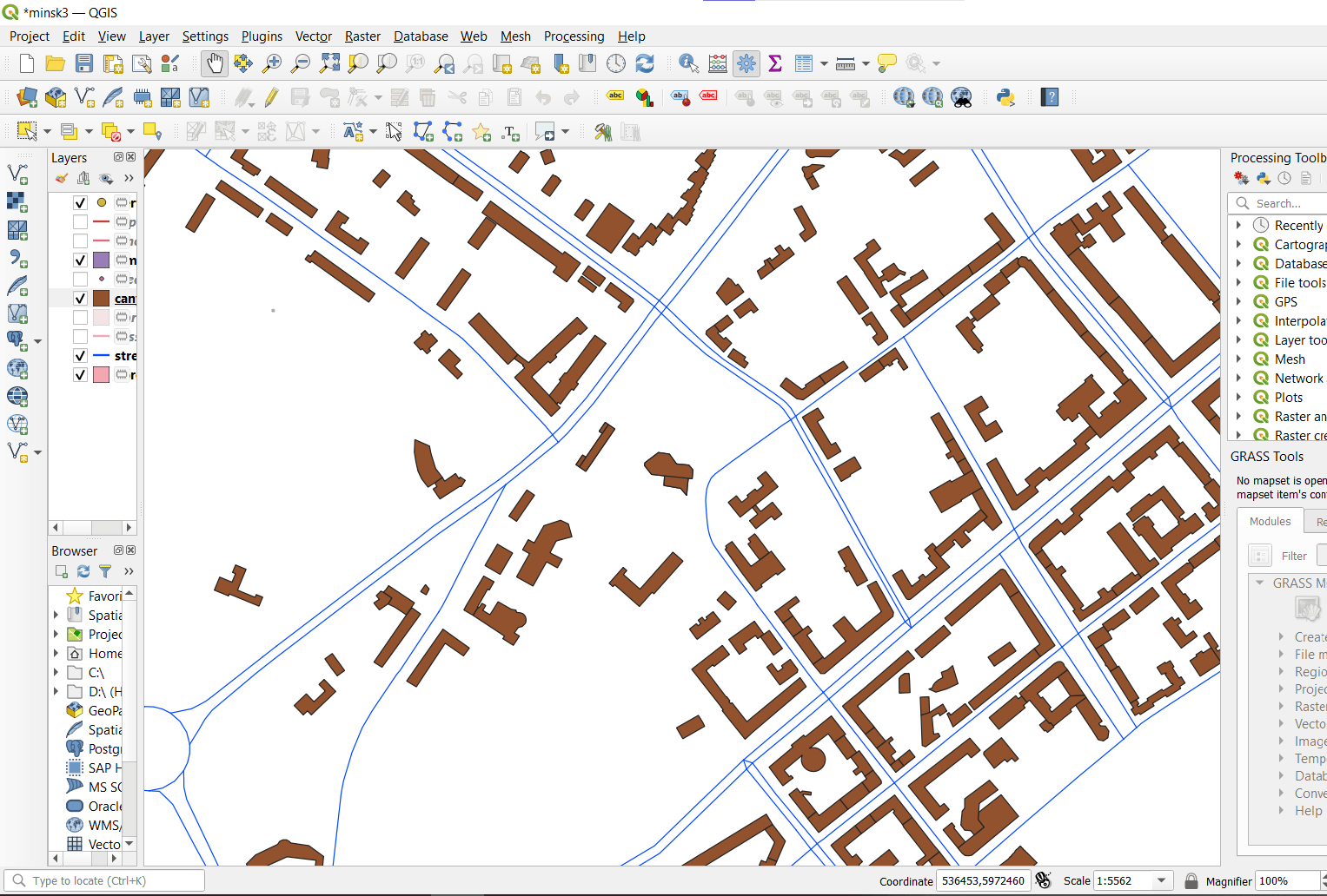 qgis Select buildings of urban canyons from others buildings