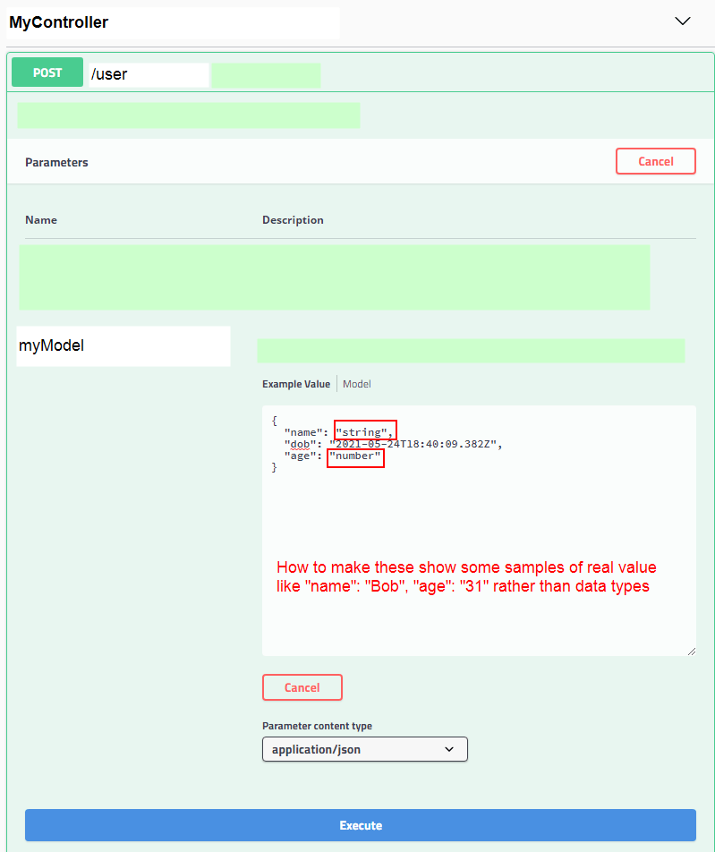 Spring / SwaggerUI Show example of real values in request model when