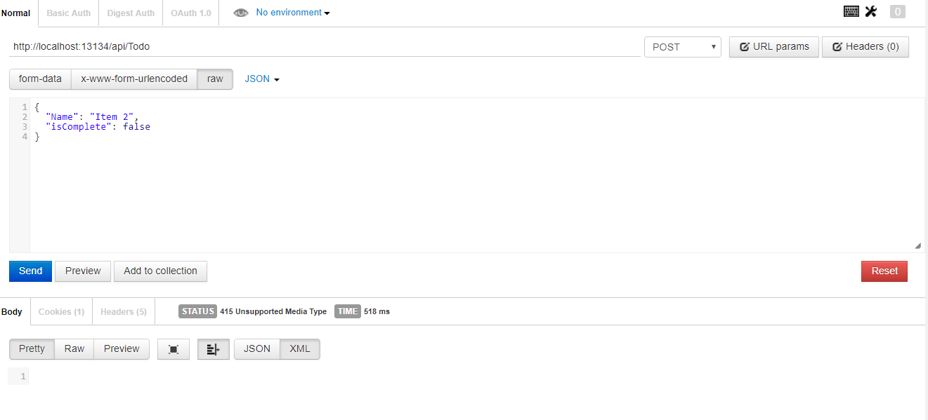 core 415 Unsupported Media Type when using Postman and Asp