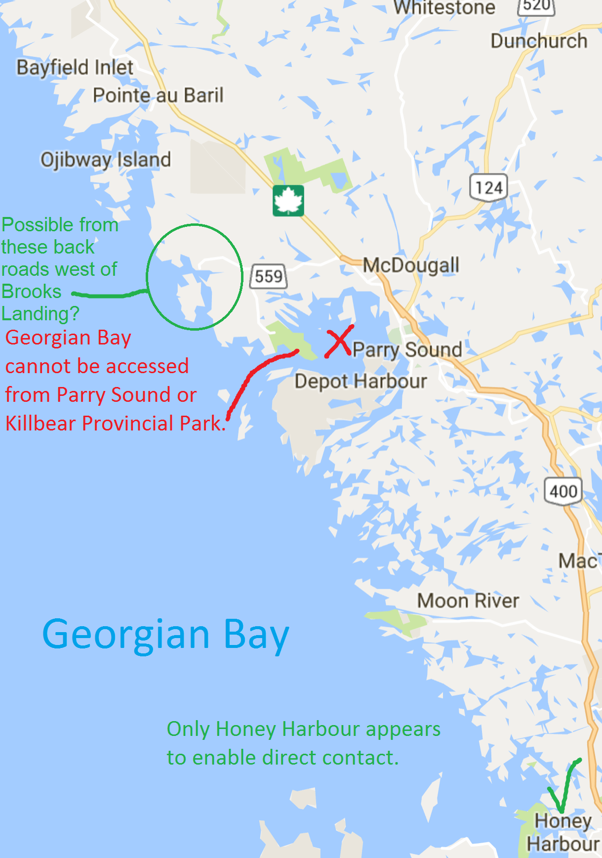 ontario From Honey Harbour up to Bayfield Inlet, where can you attain/reach Bay's