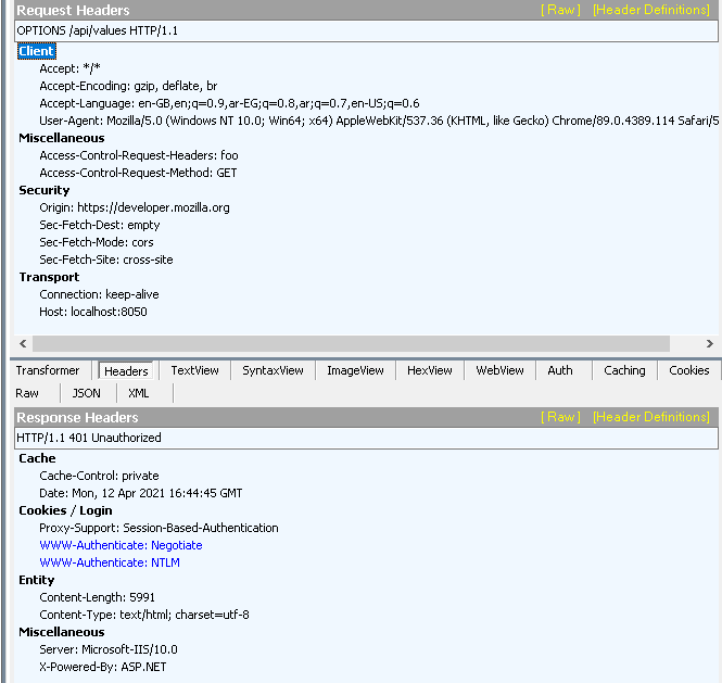 core CORS preflight request doesn't hit IIS until fiddler is