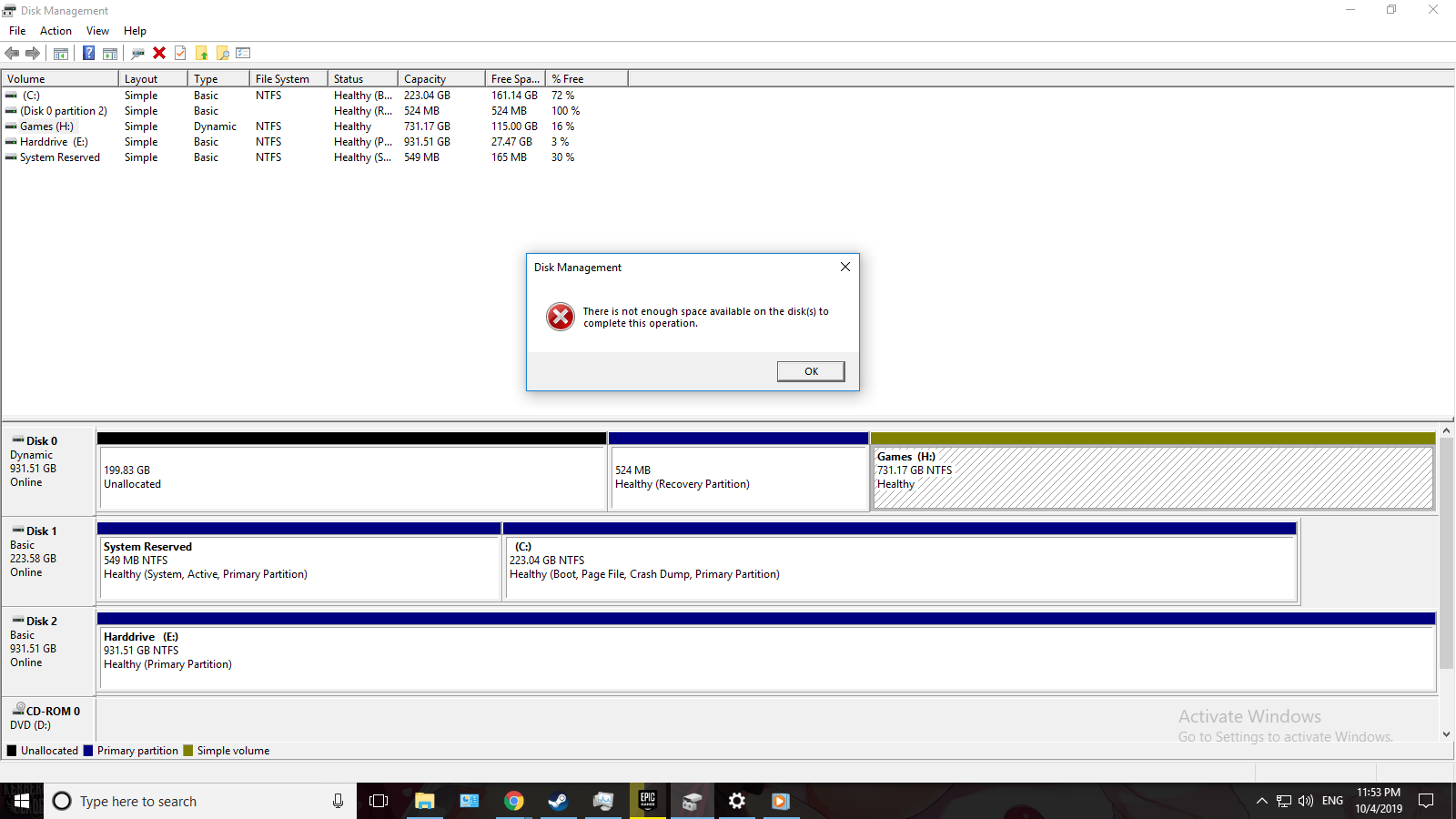 windows 10 Cannot extend drive "There is not enough space available