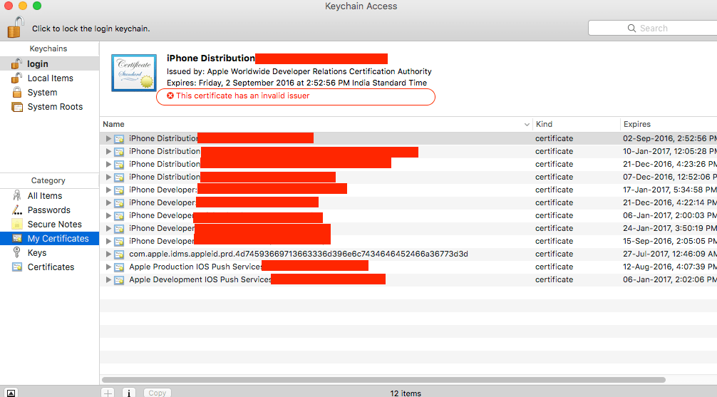 This certificate has an invalid issuer Keychain marks all