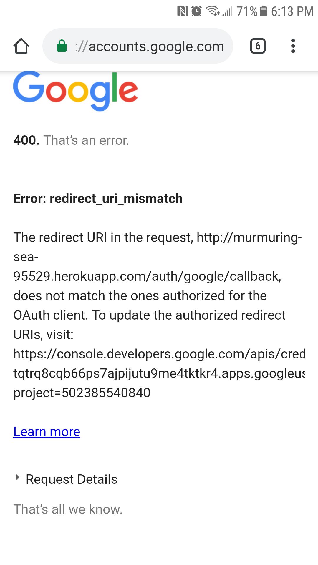 passport.js Googleoauth callback works from desktop browsers but not