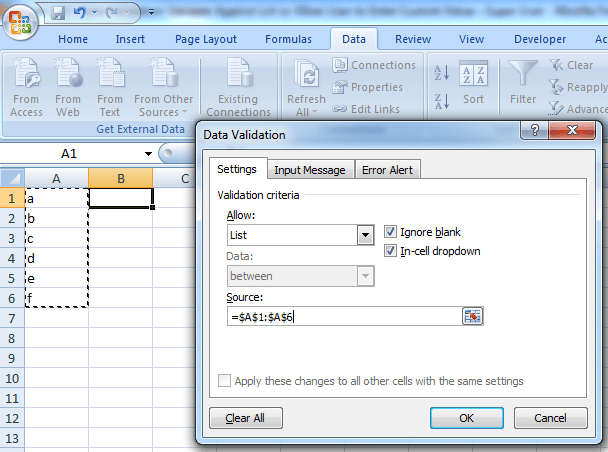Excel 2007 데이터 검증 목록을 기준으로 검증하거나 사용자 정의 값을 입력할 수 있습니다.