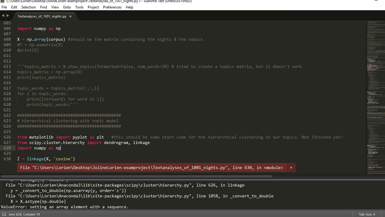 python Linkage matrix value error setting an array element with a