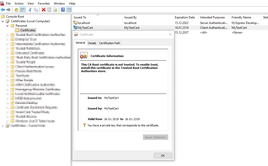 c Certificate from key store contains private key even if the user