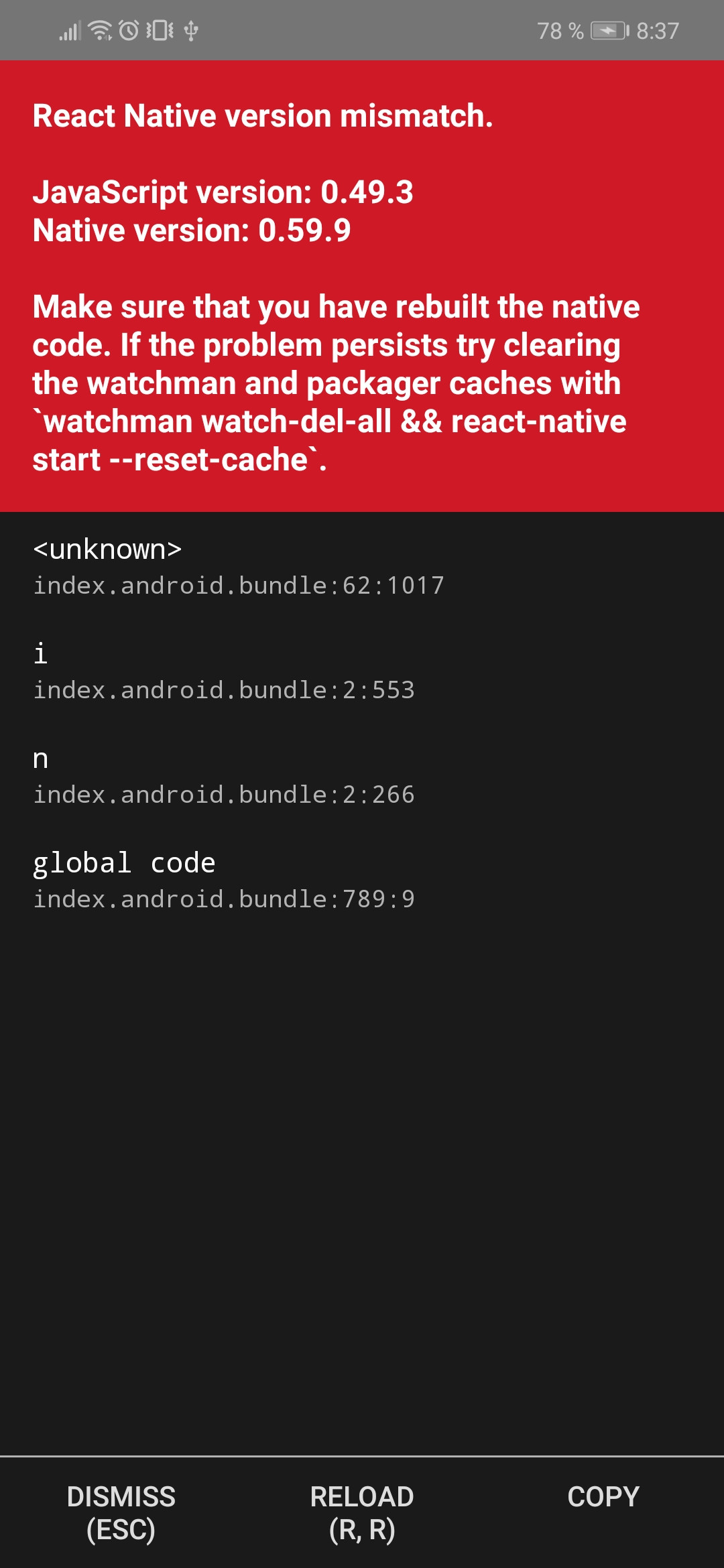 javascript React Native version mismatch. JS V 0.49.3