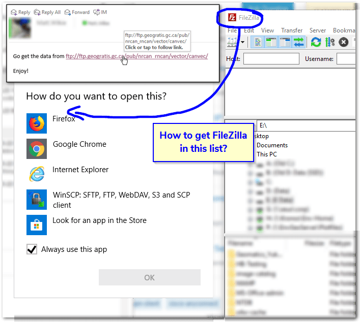 protocol handler How to register FileZilla for ftp in Windows 10
