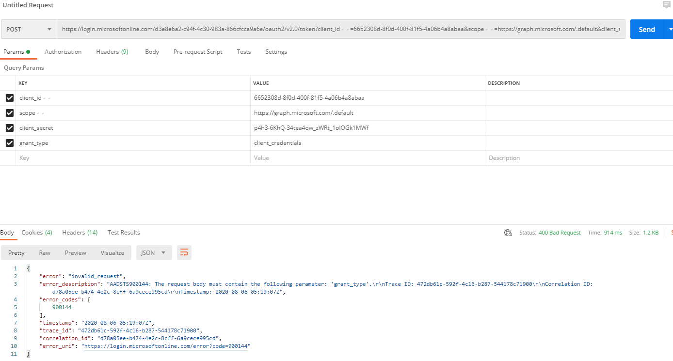 azure active directory "AADSTS900144 The request body must contain the following parameter