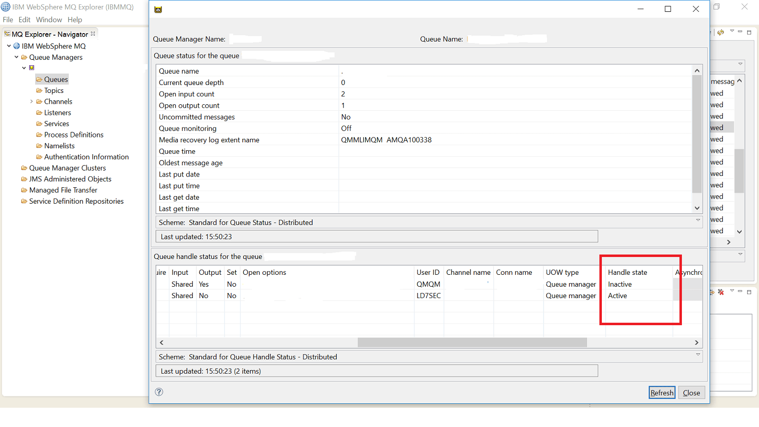 MQ Explorer Queue Handle Status Handle State showing