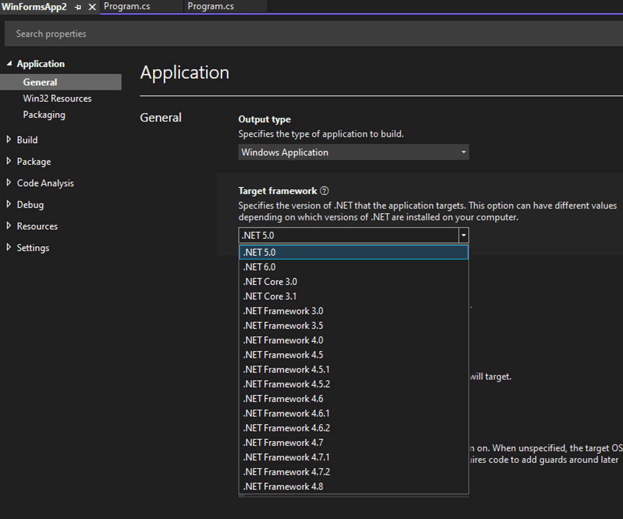 c Different sets of target frameworks in Visual Studio 2019 Stack