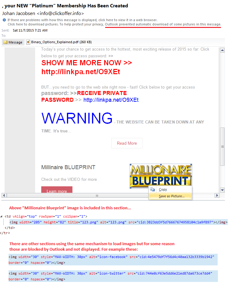 spam prevention Outlook is supposed to block all images in an email