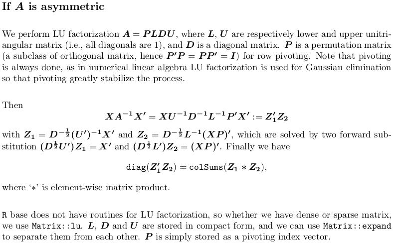 r How to compute diag(X * solve(A) * t(X)) efficiently without