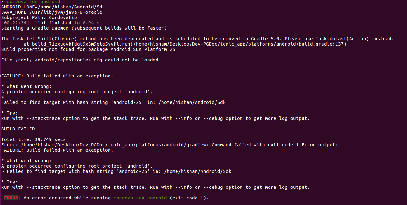 cordova Failed to find target with hash string 'android25' in /home