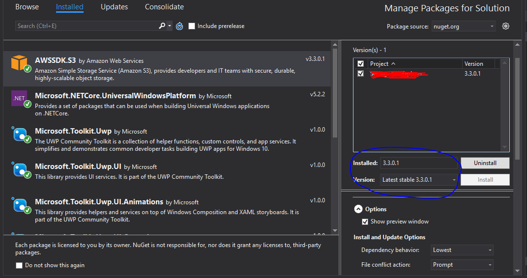 visual studio Problems in updating AWS SDK in a UWP project from