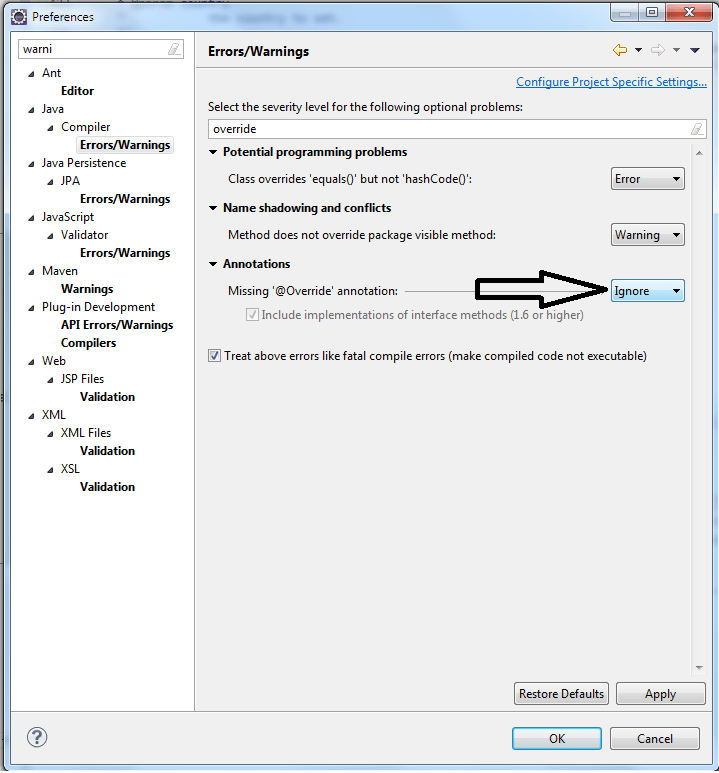 java Suppress warnings for missing Override annotation in Eclipse