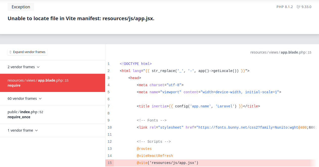 reactjs Unable to locate file in Vite manifest resources/js/app.jsx