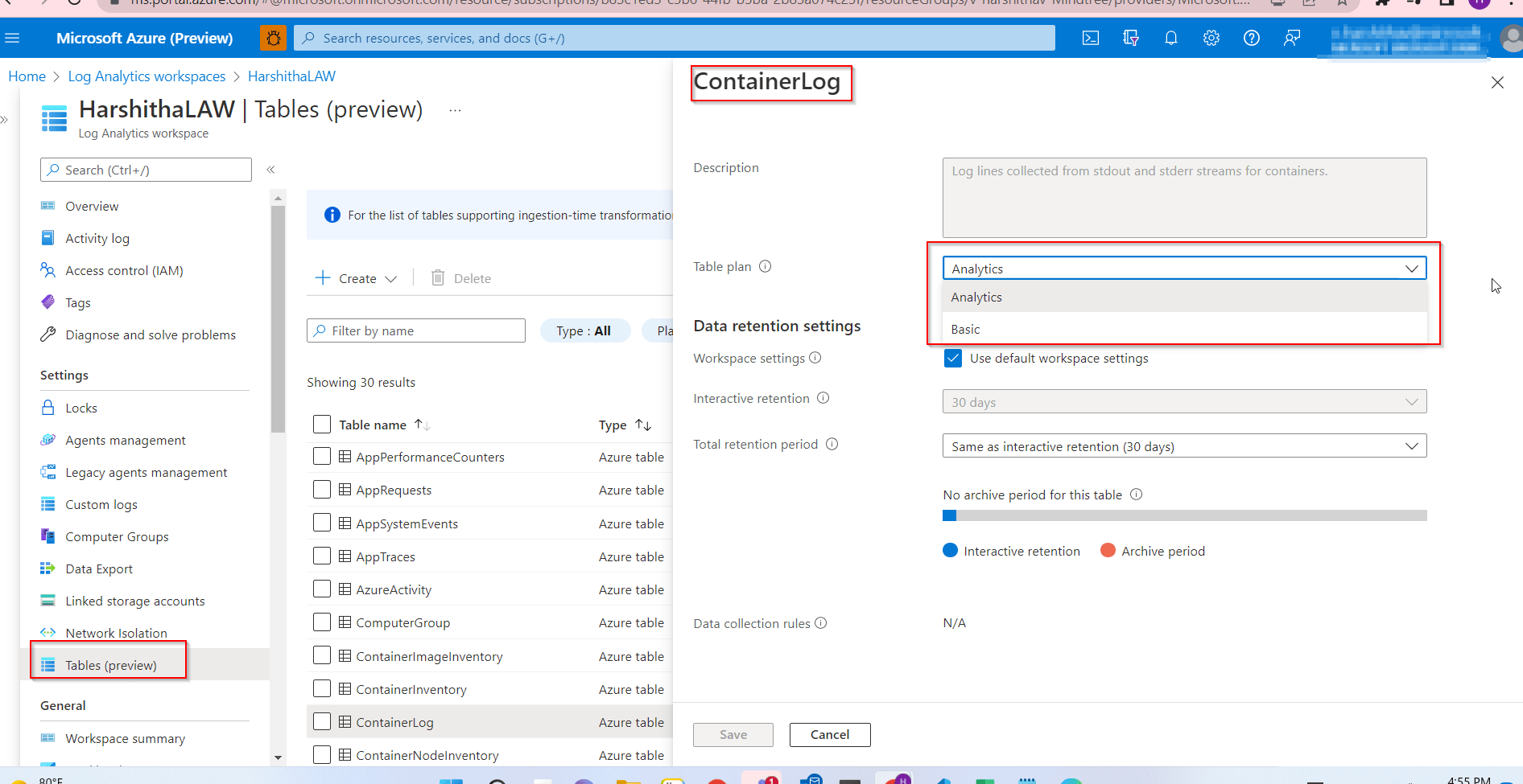 logging Is there a way to set up my Azure Log Interactive retention
