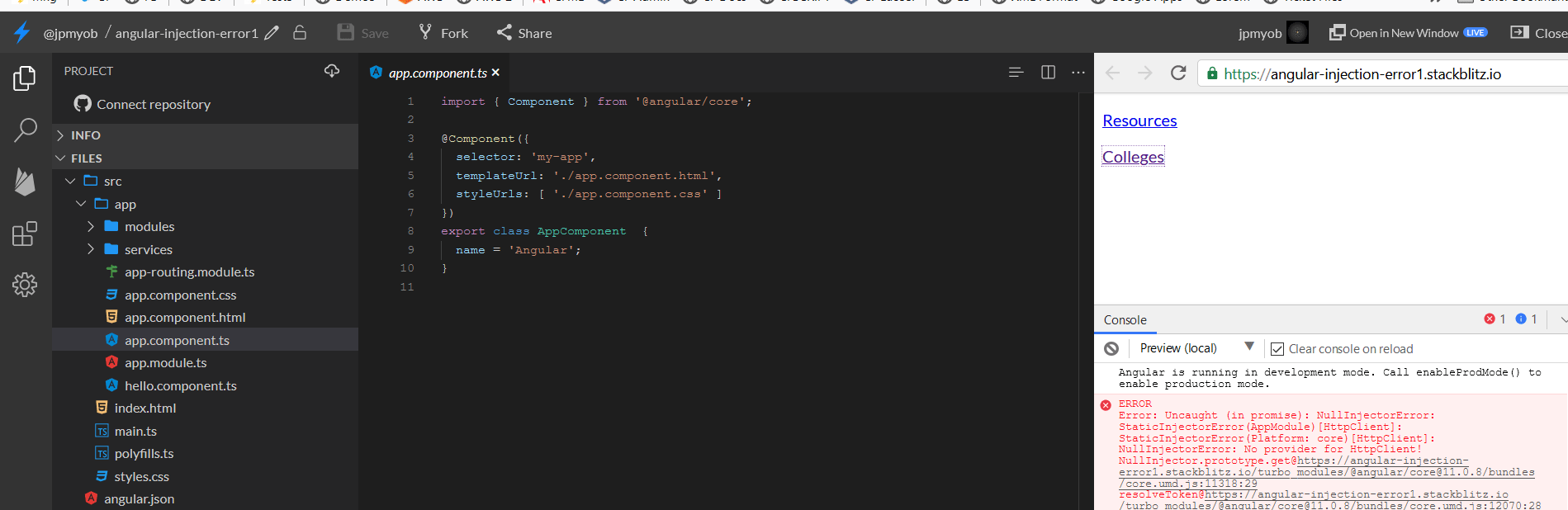 Angular service injection error for no provider Stack Overflow