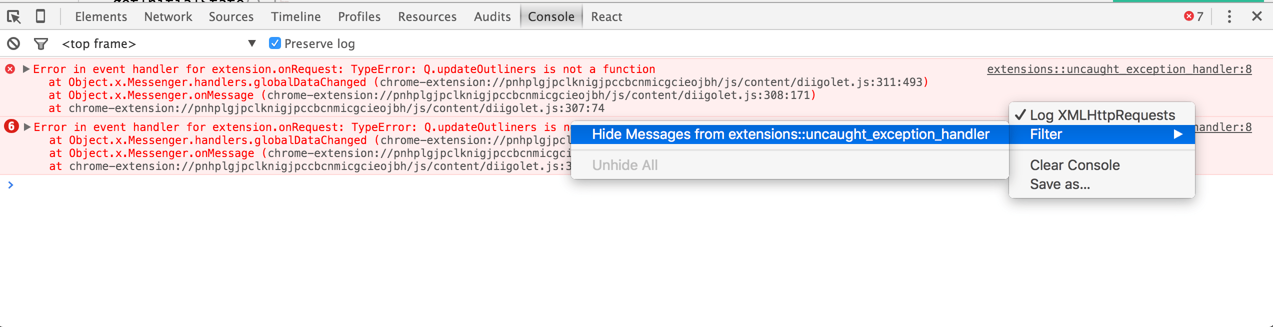 Chrome：JavaScriptコンソールで拡張機能のエラーを隠す