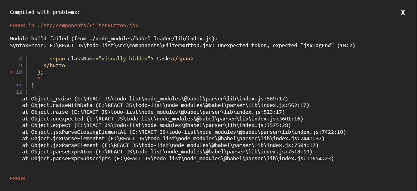 reactjs React JS error messages are shown in console but in the the