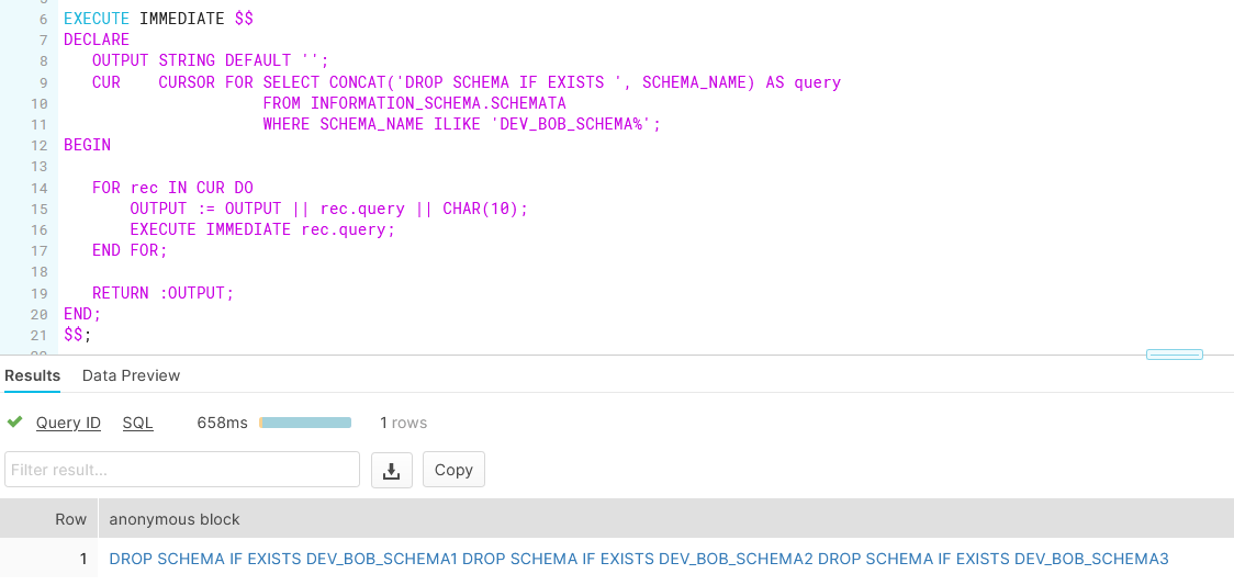 sql Drop schemas based on pattern match in Snowflake Stack Overflow