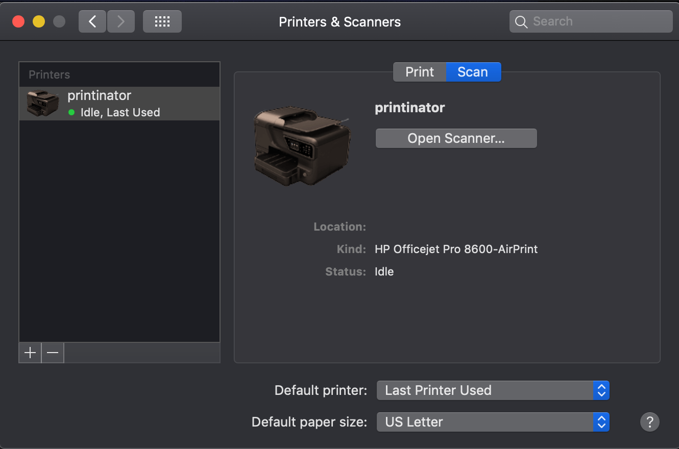 macos Printers & Scanners not showing scan tab for Officejet Pro 8600