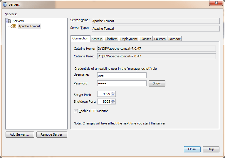 netbeans Set the correct username and password with the "manager