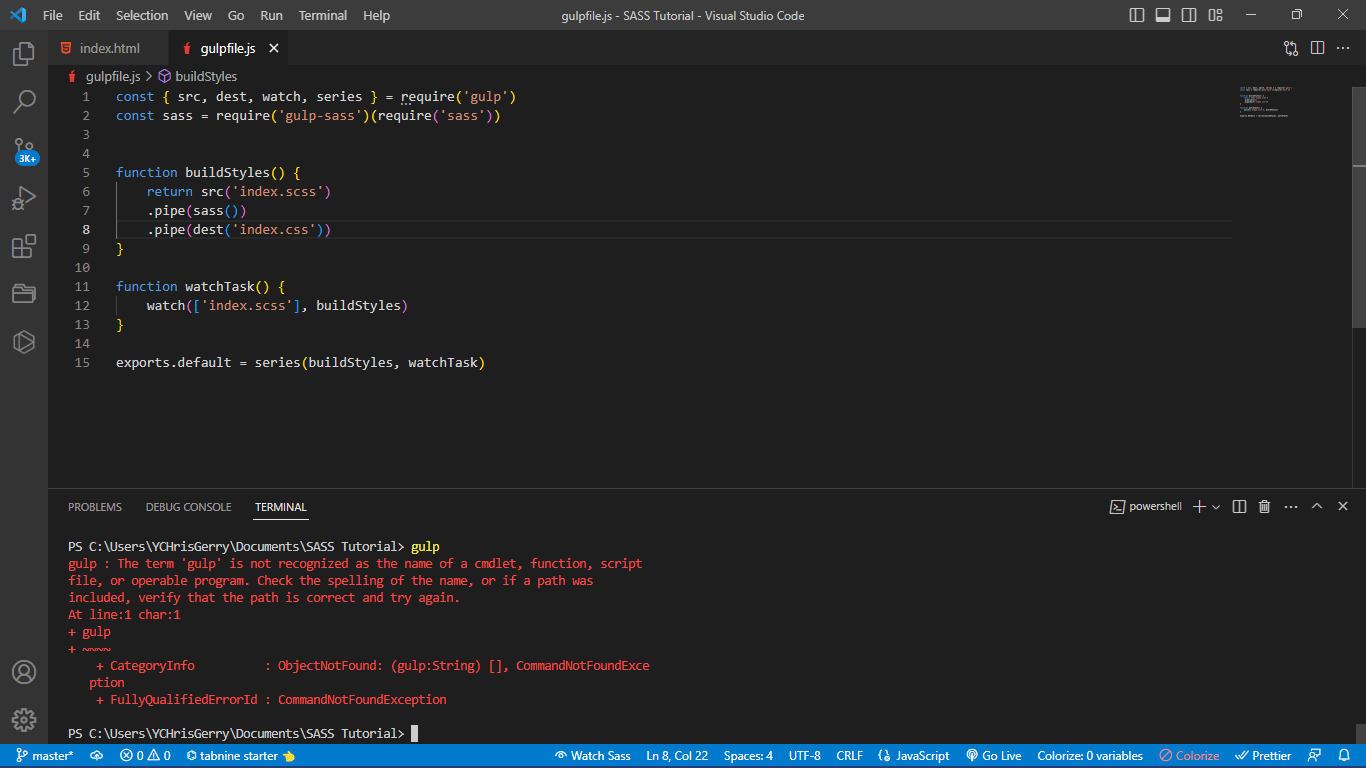 gulp I am trying to use the gulpfile.js to convert the sass file to