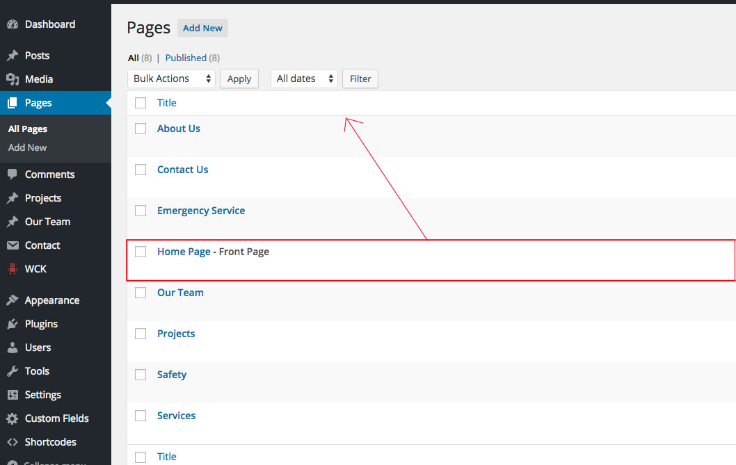Wordpress Home/Front Page Display at top of Admin Pages List Stack