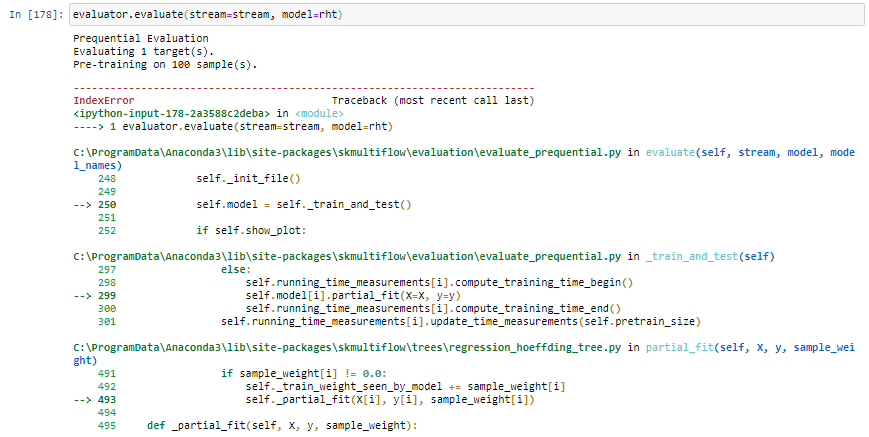 python Prequential Evaluation IndexError index 0 is out of bounds