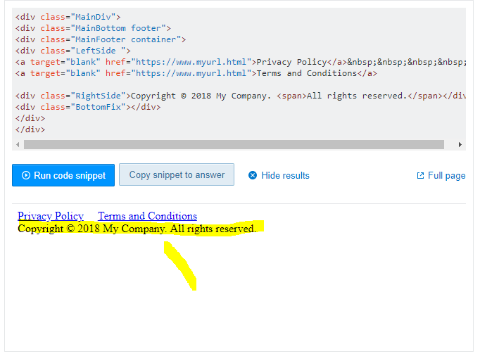 Adding a footer with text on left and right side in wordpress
