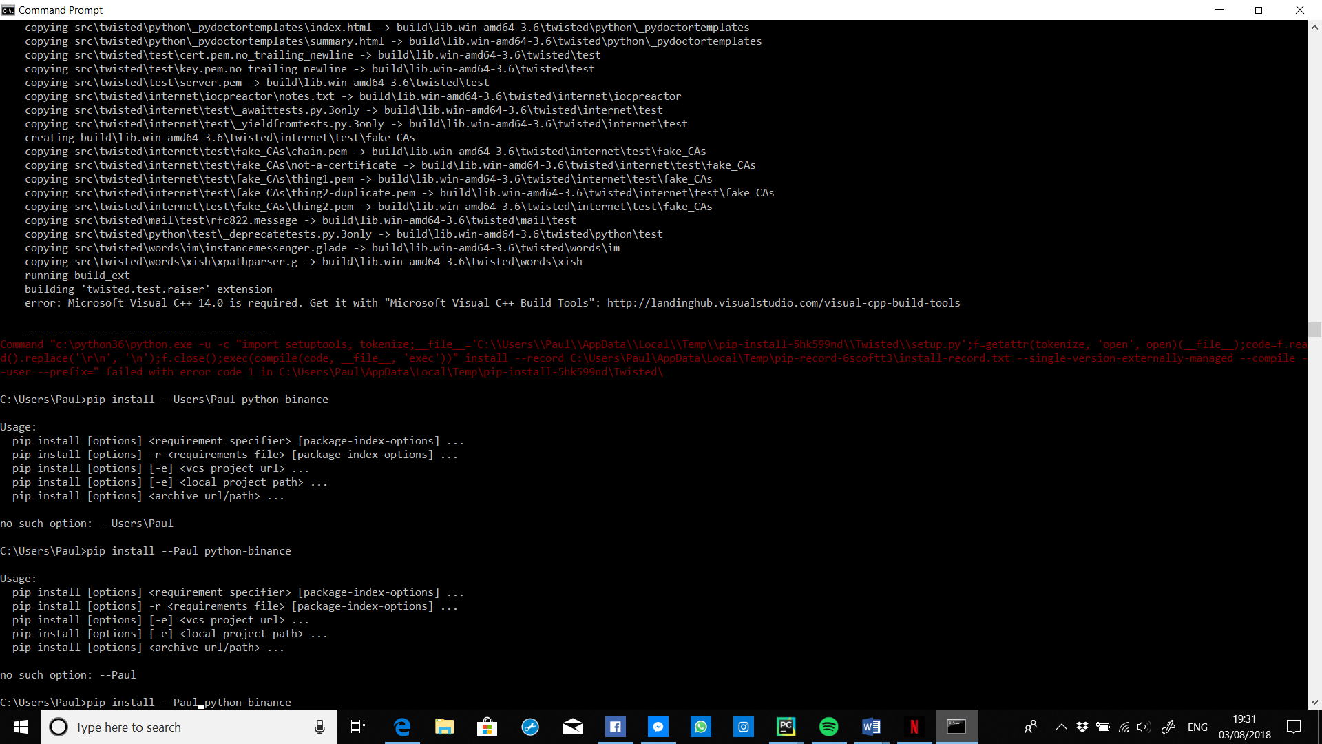 Error with installation of pythonbinance Stack Overflow