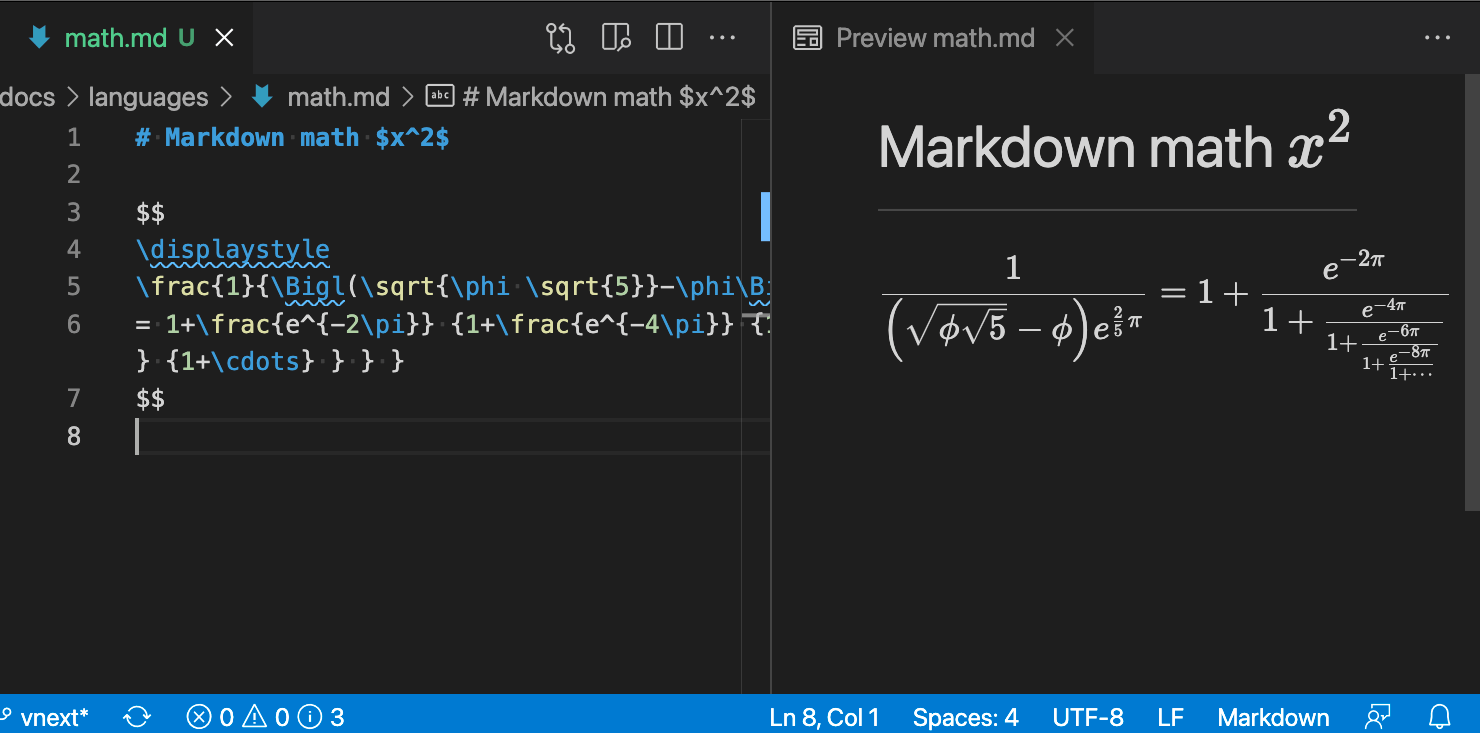 visual studio code vscode markdown preview not supporting some math