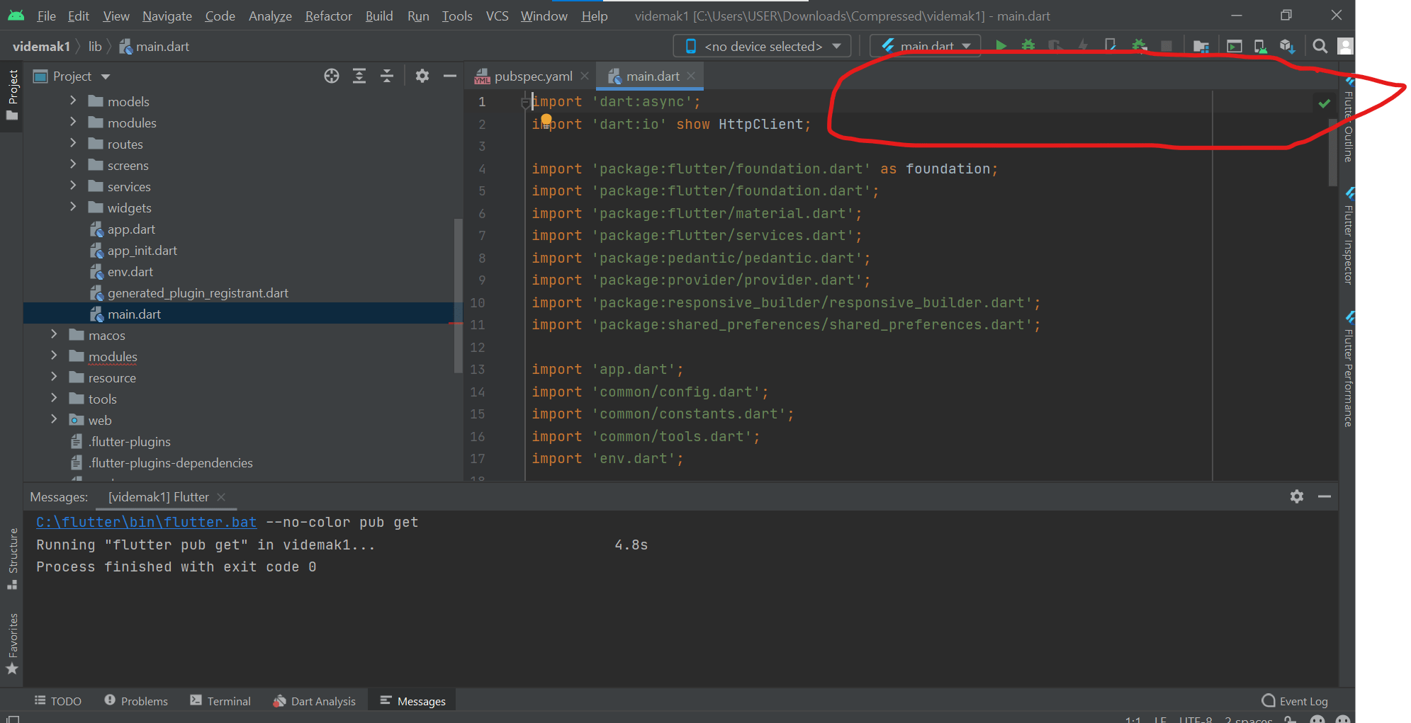 flutter How can I turn on my dependencies in android studio Stack