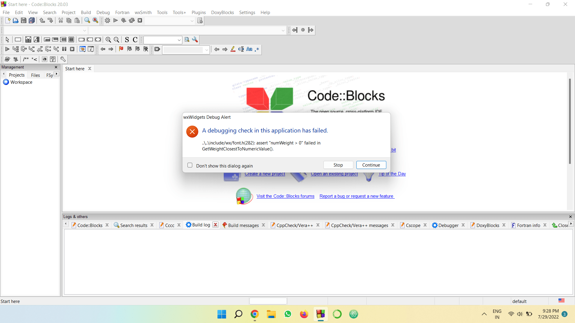 codeblocks Error popup from CodeBlocks when trying to do C