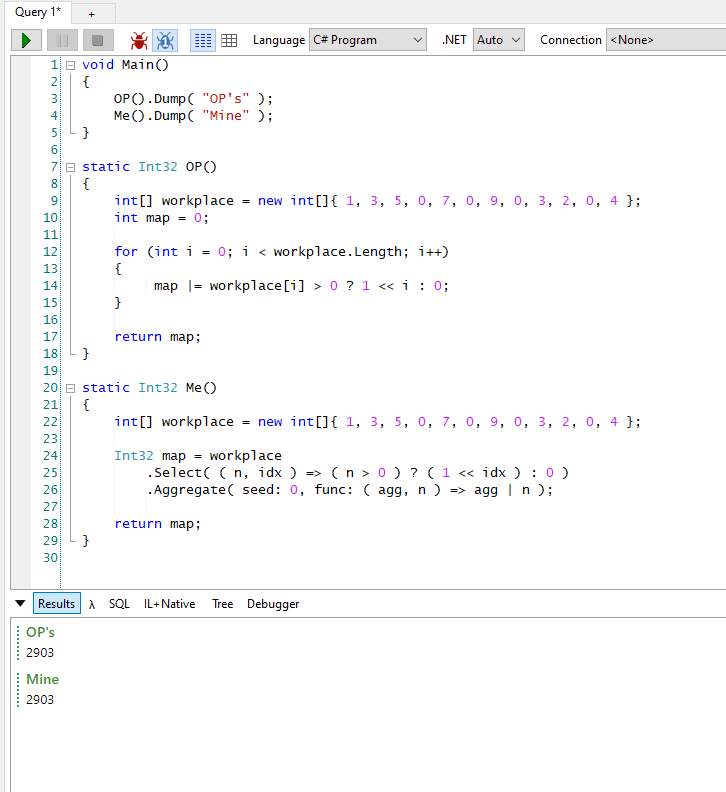c Integer array to int as map of set bits (one line shorthand