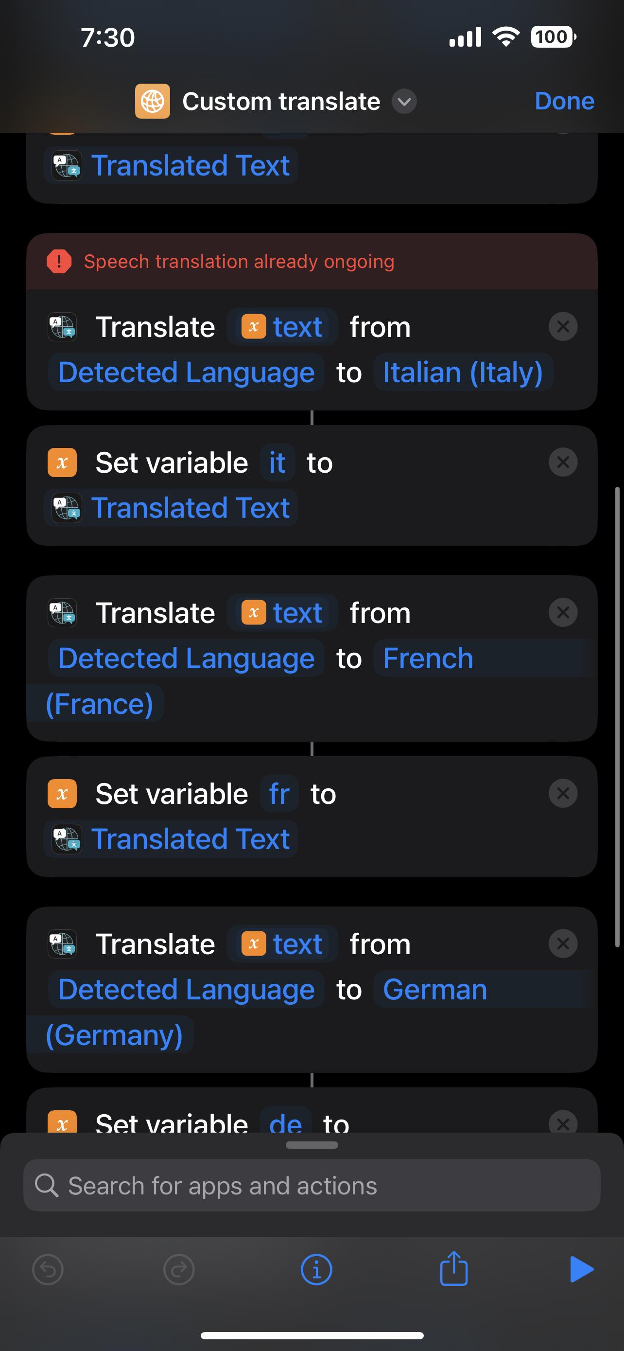 Help with iOS shortcut translating clipboard text to various languages