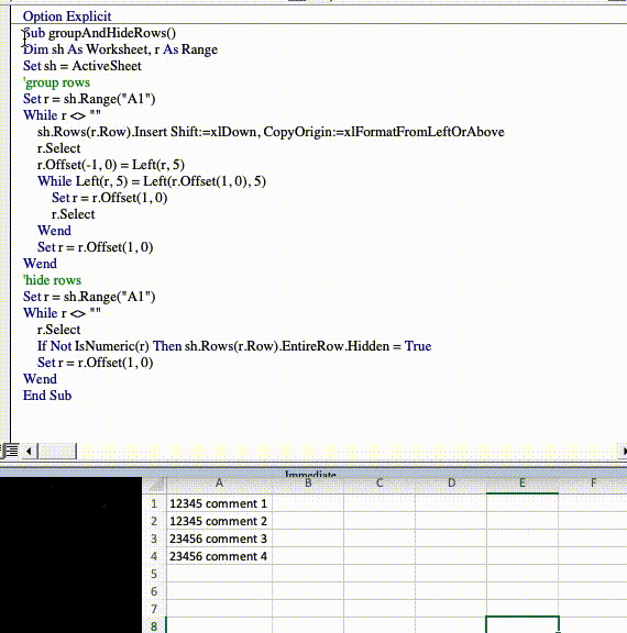 excel VBA to group similar data with a new parent row