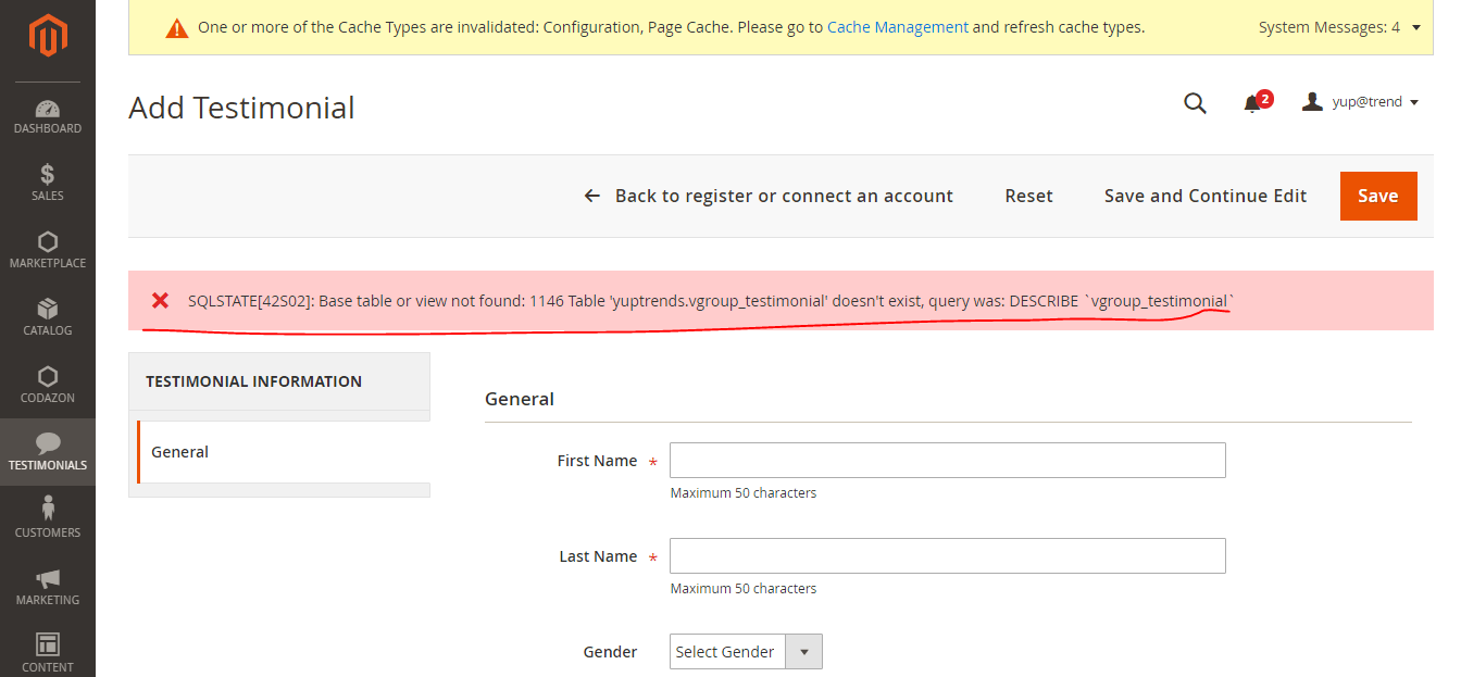 magento2 QLSTATE[42S02] Base table or view not found 1146 Table
