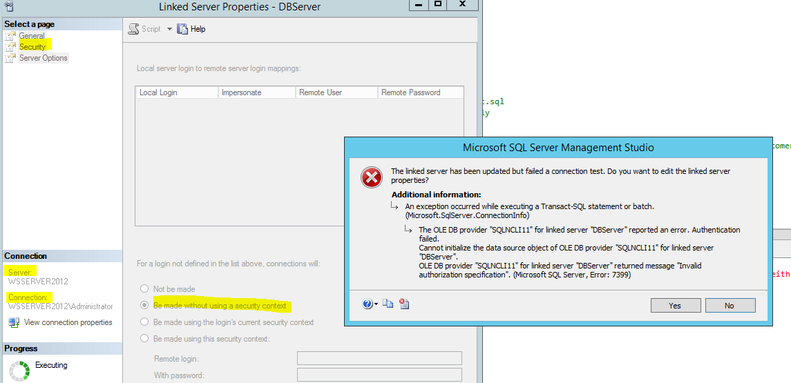 Msg 7399 Query table in linked server received Authentication failed