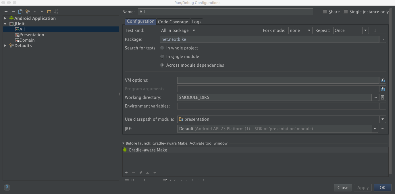 Run unit tests in IntelliJ IDEA from multiple modules together Gang