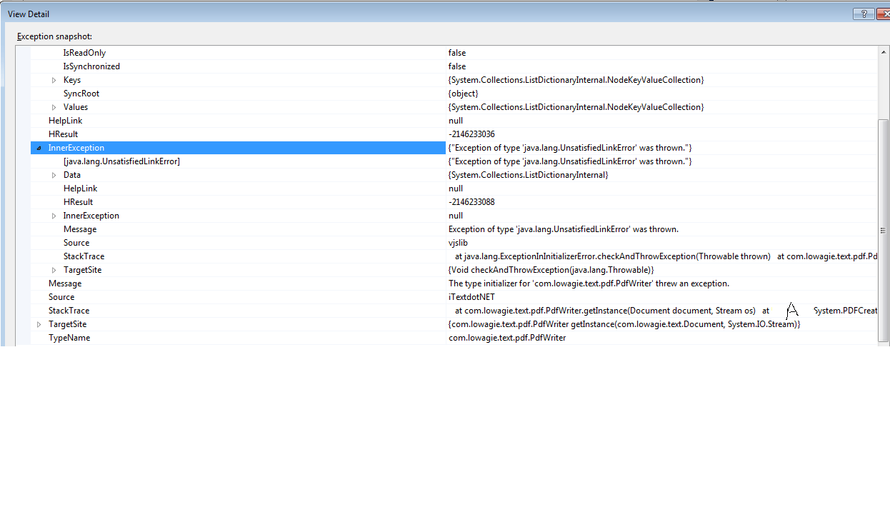 c Error System.TypeInitializationException while debugging Stack
