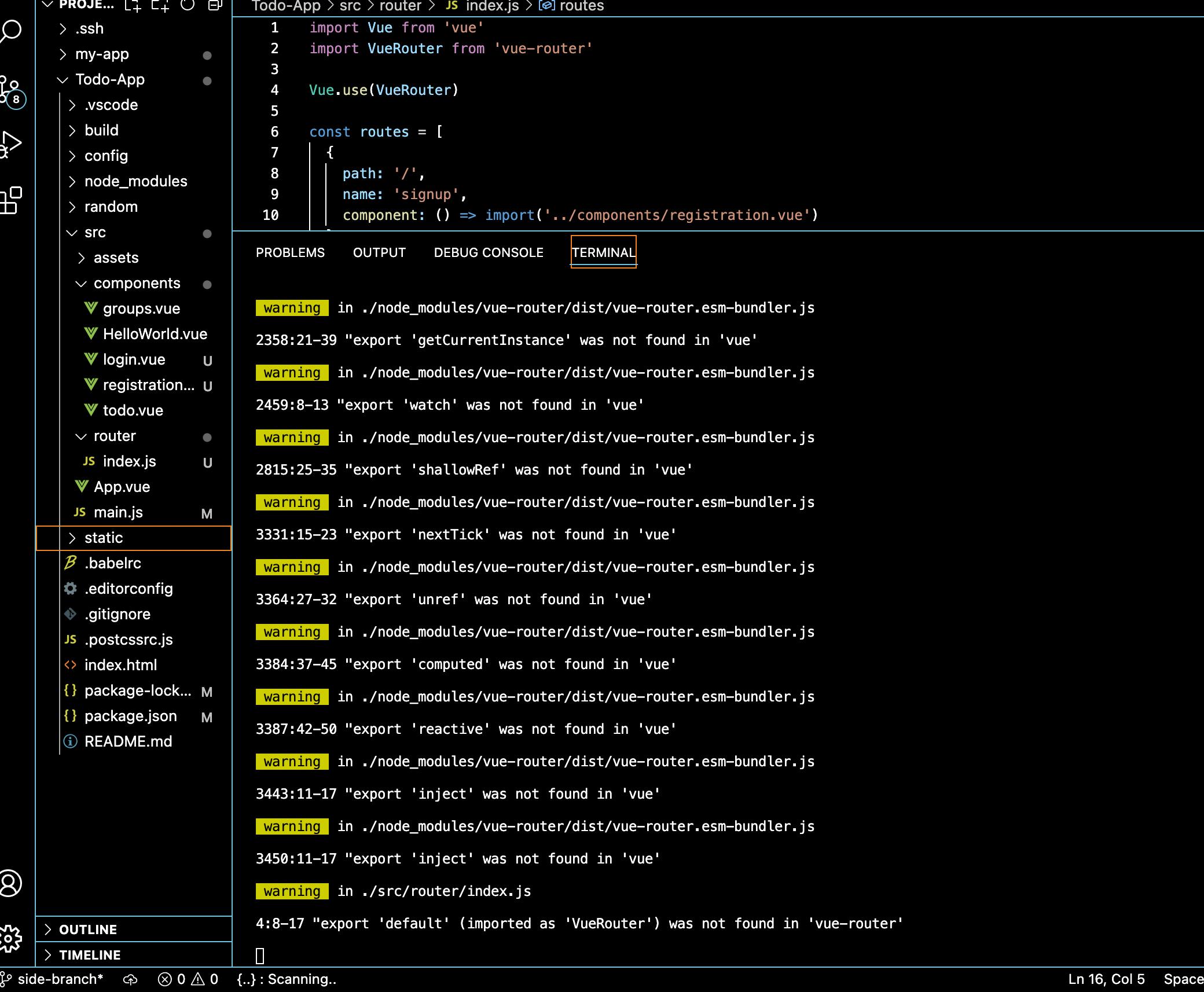 vue.js warning in ./src/router/index.js export 'default' (imported as